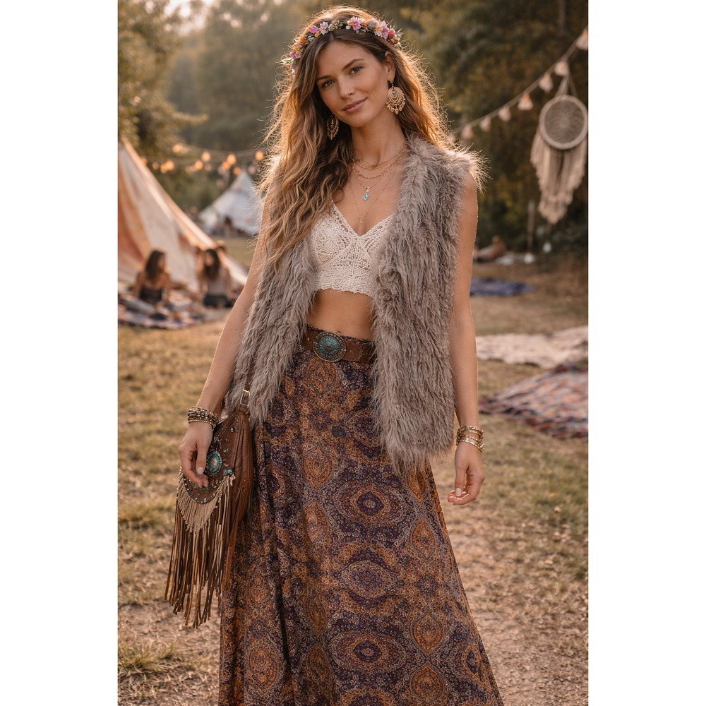 Boho Festival Western Concert FauxFur Tan Brown Shaggy Pockets XL Vest Allen B.‎